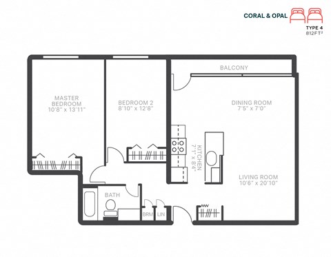 Floor plan for 2 beds, 1 bath, 812 sqft